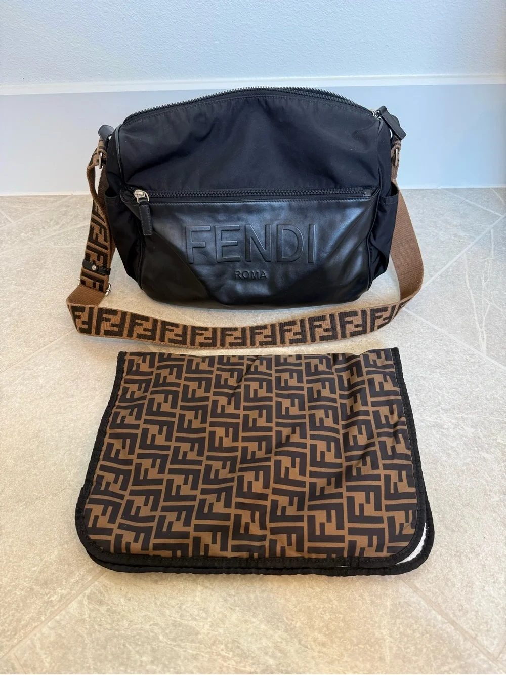 Fendi Black Leather Messenger Bag with Brown FF Jacquard Strap